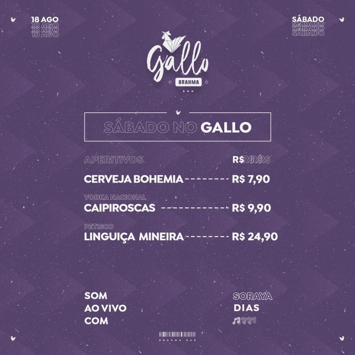 Cartaz   Gallo Music Bar - Rua 2 de julho, 20B - Casa da Lenha, Sábado 17 de Agosto de 2019